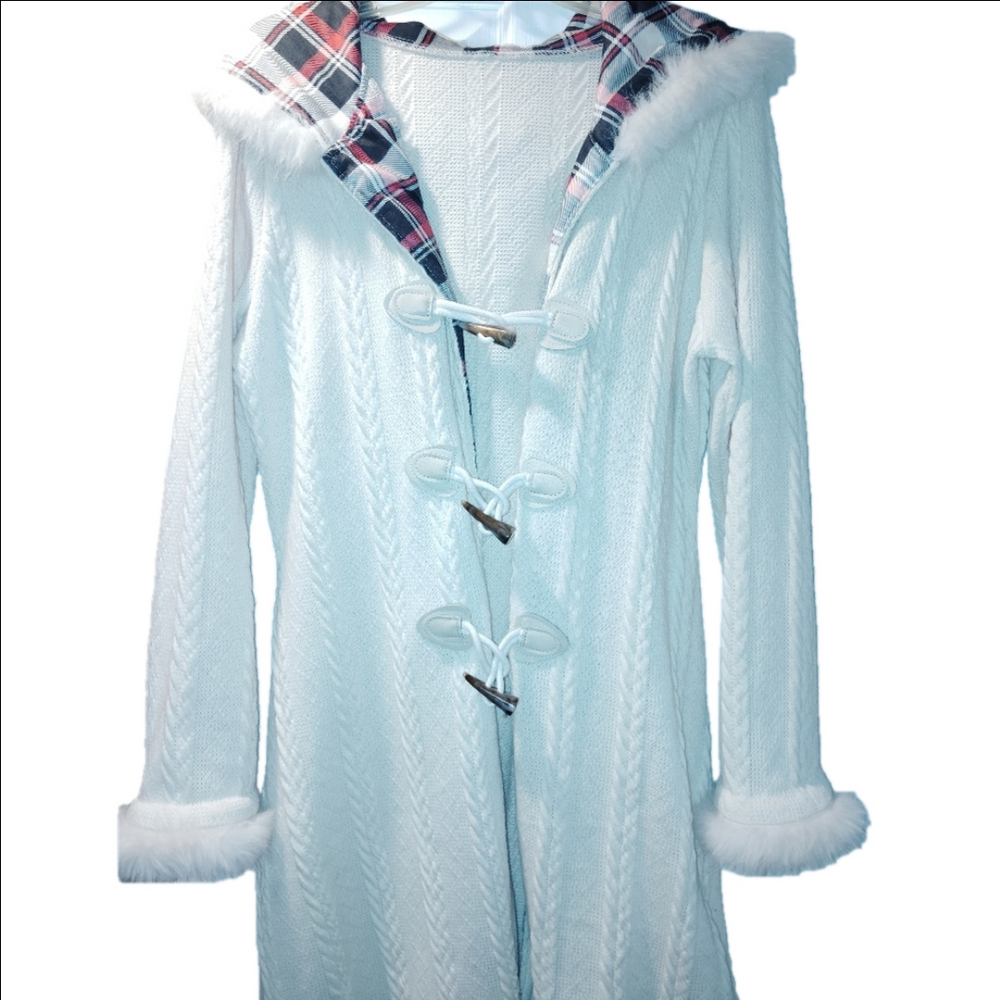 Ladies beautiful knit long sweater coat with plaid accents Size XL